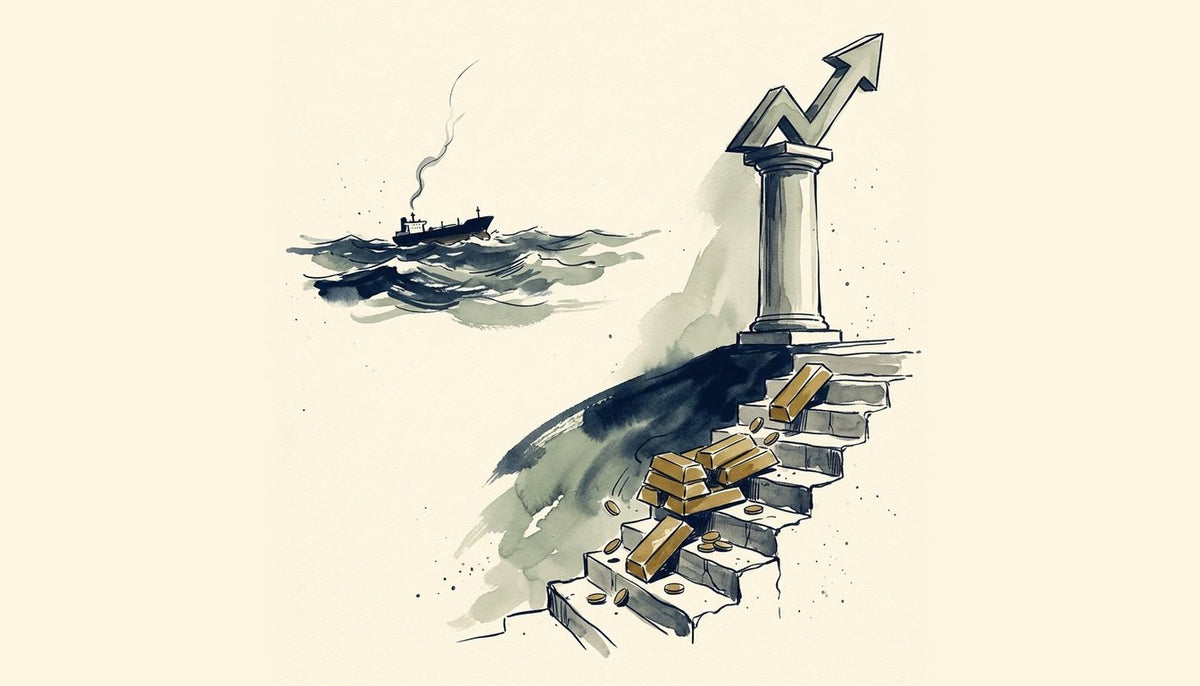 Watercolor of gold bars and coins sliding down stone steps beneath a column topped by a rising arrow, with an oil tanker on a stormy sea