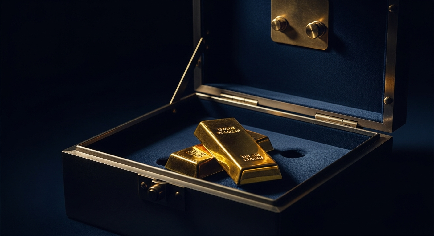 Two gold bars resting inside a navy-lined safe-deposit box with brass hardware — secure, insured storage held in the owner's name.