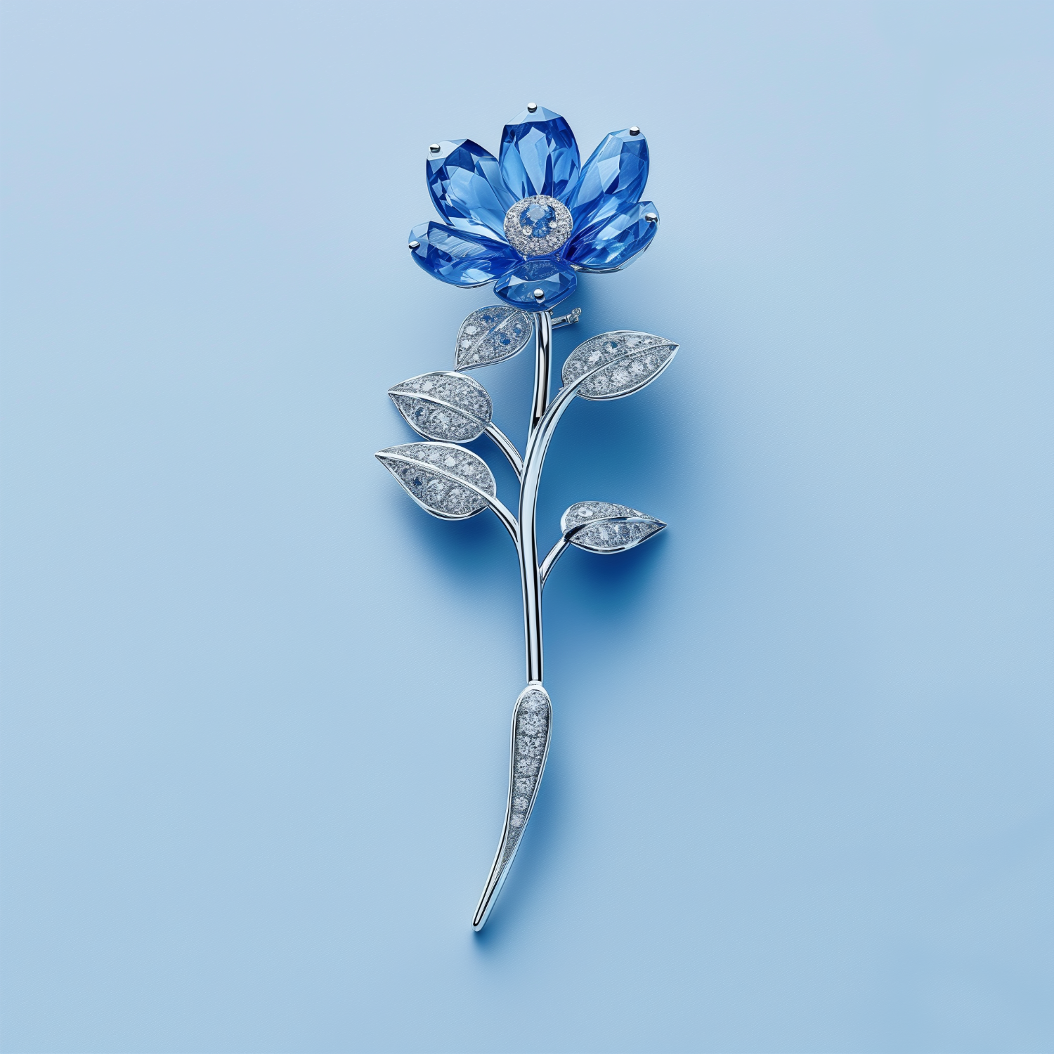 fine jewelry Blue flower-shaped brooch with silver leaves on a light blue background