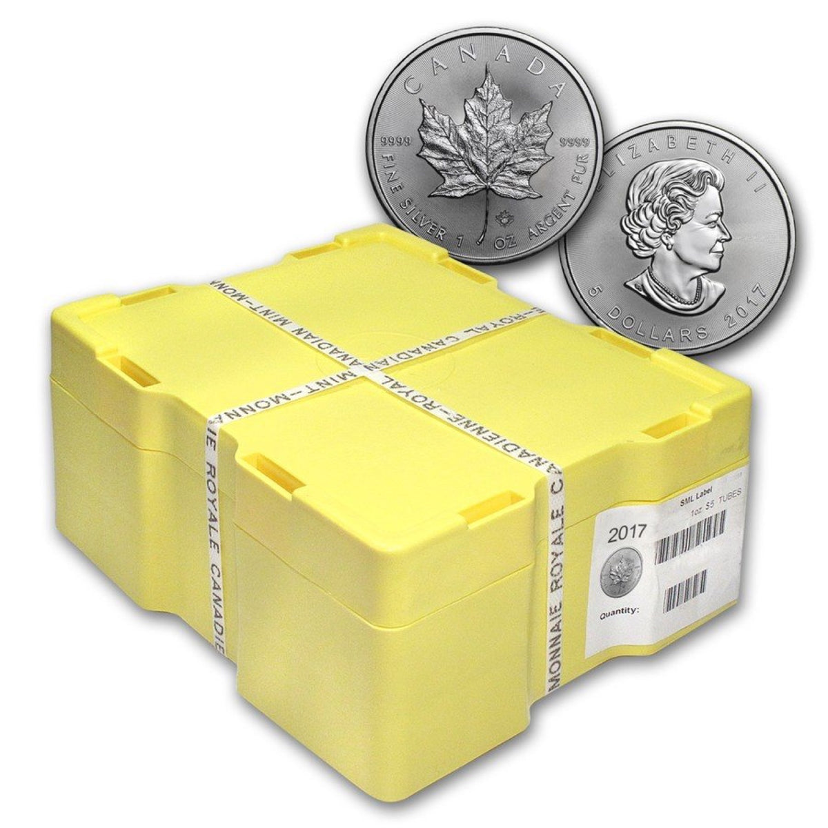 Sealed mint box of one ounce silver Maple Leaf coins