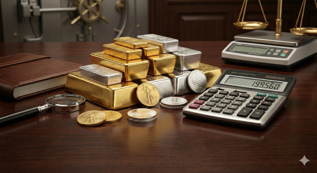 Gold bars, silver coins, a calculator, and a magnifying glass on a wooden surface.