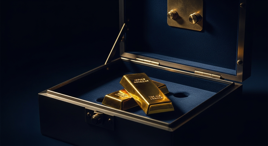 Two gold bars resting inside a navy-lined safe-deposit box with brass hardware — secure, insured storage held in the owner's name.
