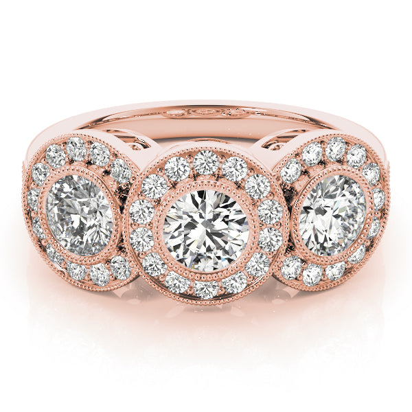 Round Three-Stone Bezel Halo Diamond Engagement Ring · 1.90 ct tw