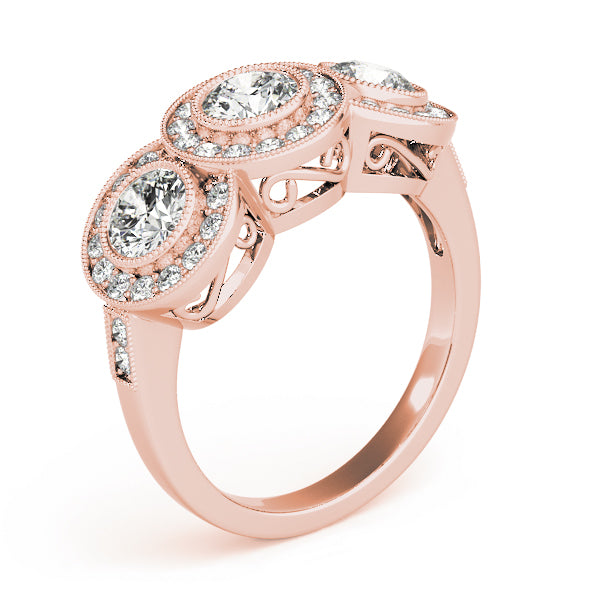 Round Three-Stone Bezel Halo Diamond Engagement Ring · 1.90 ct tw