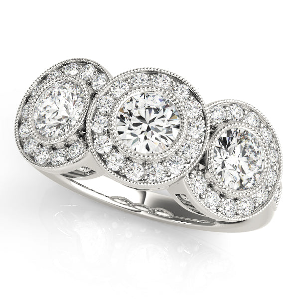 Round Three-Stone Bezel Halo Diamond Engagement Ring · 1.90 ct tw