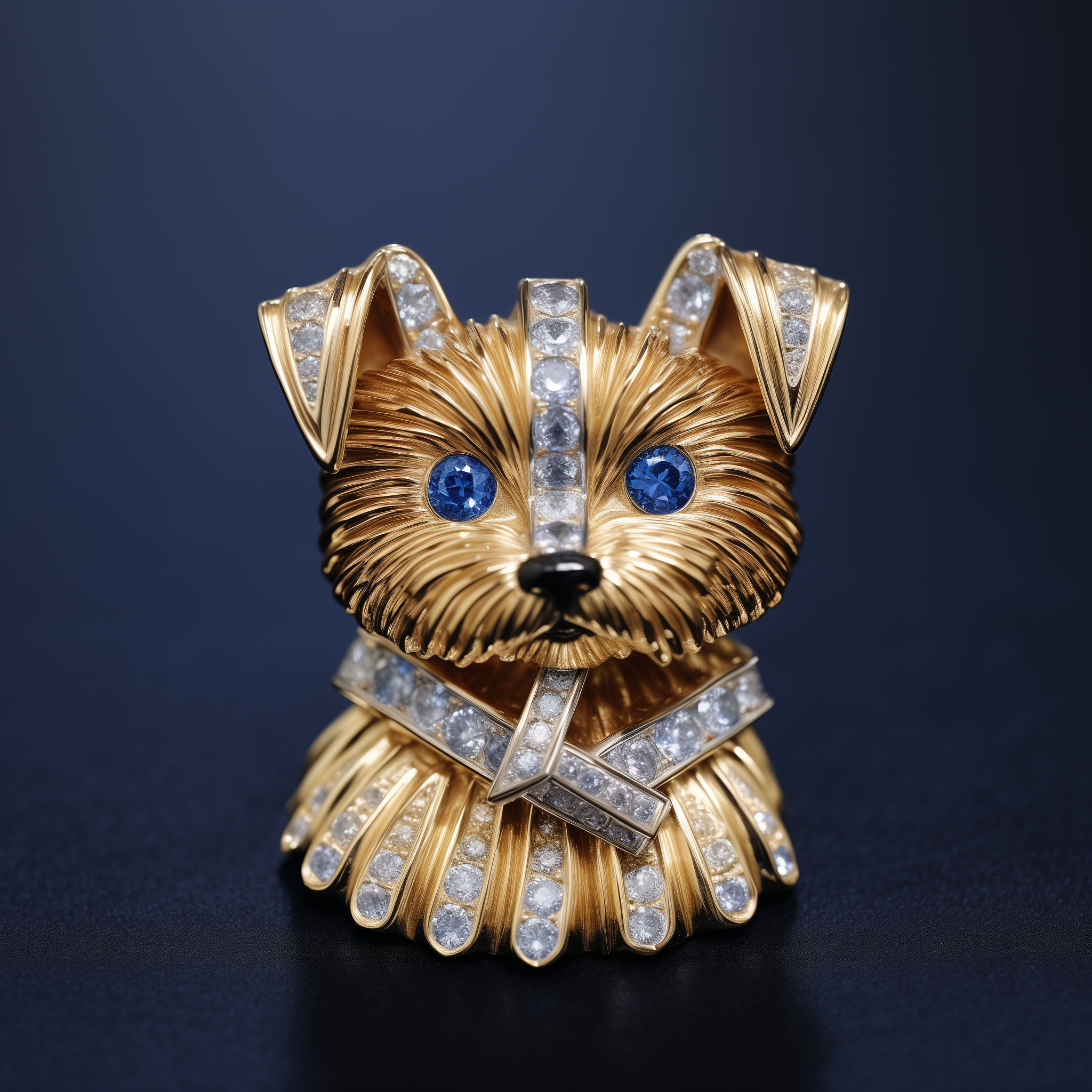 Gold yorkie-shaped brooch with blue sapphire eyes and diamond accents on a dark background
