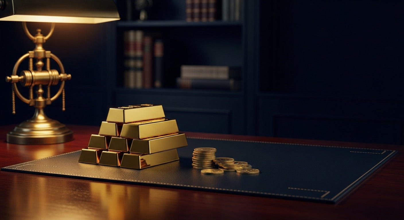 Gold bars and coins on a desk