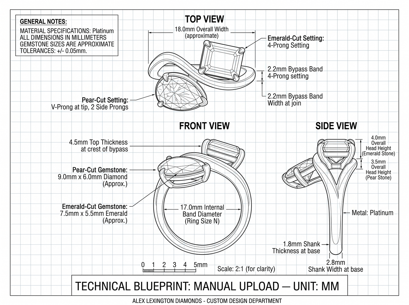 Technical blueprint of the two-stone bypass ring