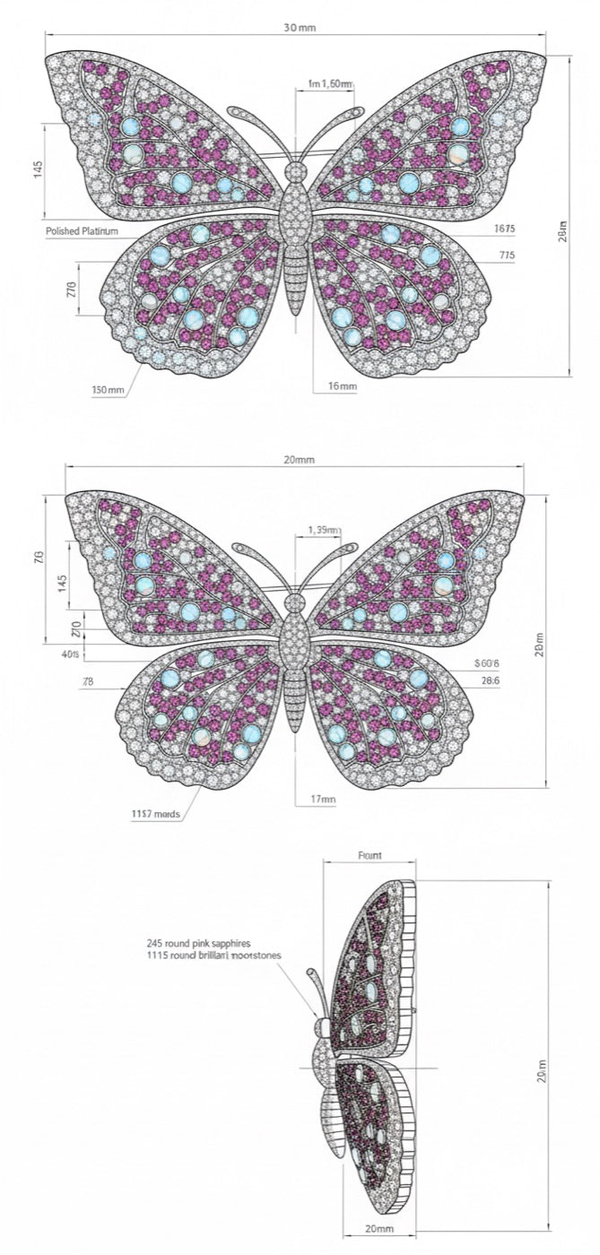 CAD specification sheet for a custom butterfly brooch
