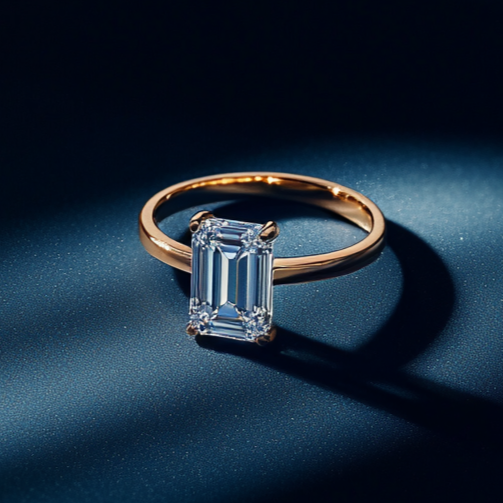 Gold ring with a rectangular gemstone on a dark blue background